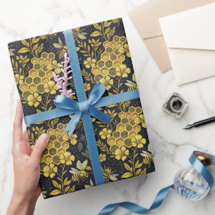 Vintage Gold Flowers and Bees  Wrapping Paper