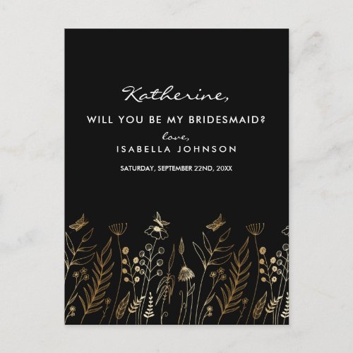 Vintage Gold Foil Black Will You Be My Bridesmaid Invitation Postcard