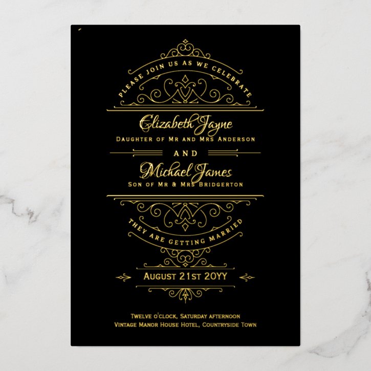 Vintage GOLD FOIL Classic Black Ornate Wedding Foil Invitation