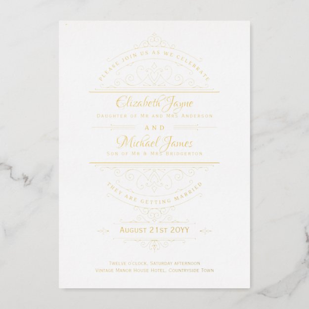 Vintage GOLD FOIL Classic White Ornate Wedding Foil Invitation
