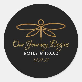 Vintage Gold Foil Dragonfly Wedding Classic Round Sticker by StampedyStamp at Zazzle