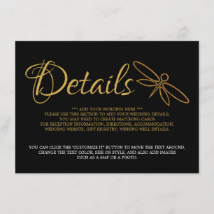 Vintage Gold Foil Dragonfly Wedding Detail Enclosure Card