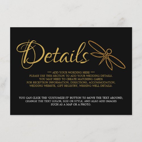 Vintage Gold Foil Dragonfly Wedding Detail Enclosure Card