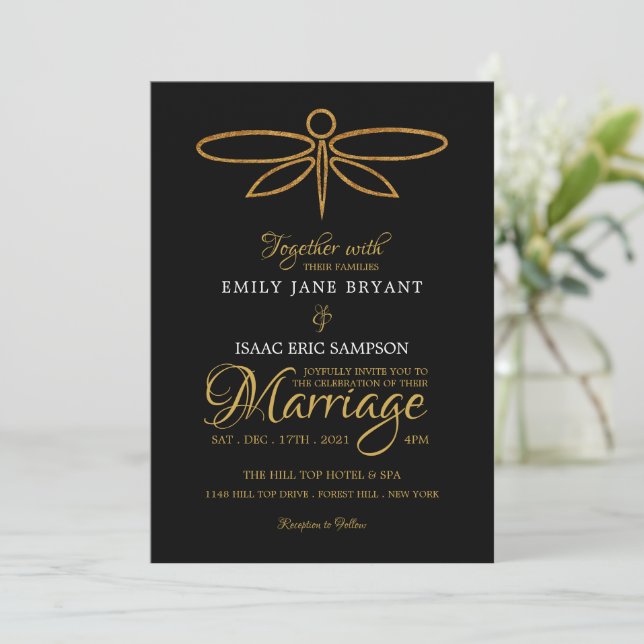 Vintage Gold Foil Dragonfly Wedding Invitation (Standing Front)