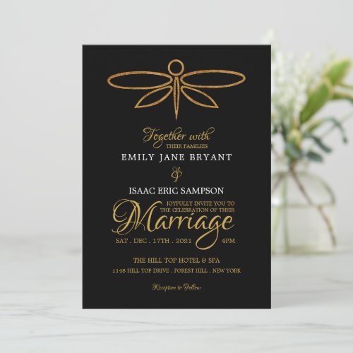 Vintage Gold Foil Dragonfly Wedding Invitation