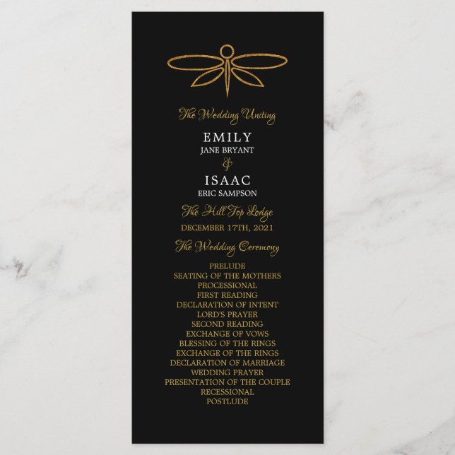Vintage Gold Foil Dragonfly Wedding Program (Front)