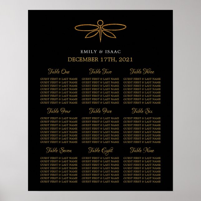 Vintage Gold Foil Dragonfly Wedding Seating Chart (Front)