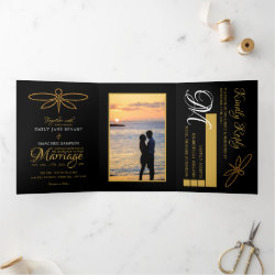 Vintage Gold Foil Dragonfly Wedding Suite Tri-Fold Invitation