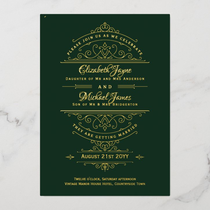 Vintage GOLD FOIL Regency Green Ornate Wedding Foil Invitation