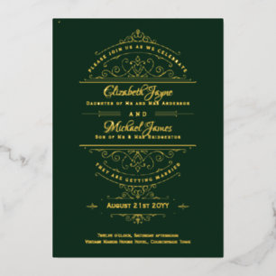 Vintage GOLD FOIL Regency Green Ornate Wedding Foil Invitation