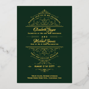 Vintage GOLD FOIL Regency Green Ornate Wedding Invitation
