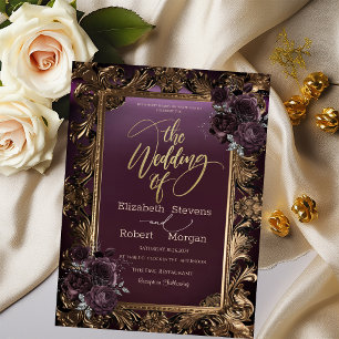 Vintage Gold Frame Burgundy Roses Wedding Invitation