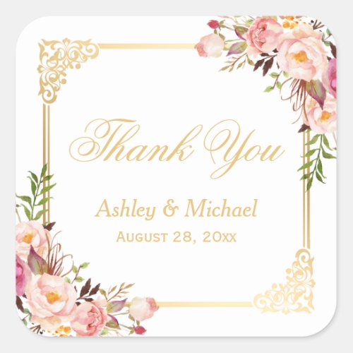 Vintage Gold Frame Floral Thank You Wedding Favor Square Sticker