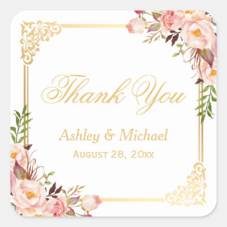 Vintage Gold Frame Floral Thank You Wedding Favor Square Sticker