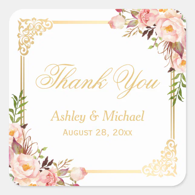Vintage Gold Frame Floral Thank You Wedding Favor Square Sticker | Zazzle