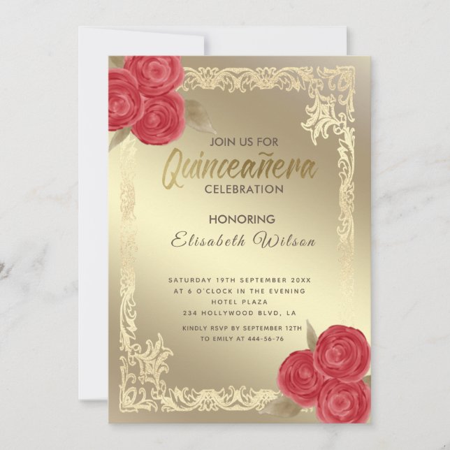 Vintage gold frame red roses Quinceañera   Invitation (Front)