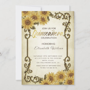 Vintage gold frame sunflower Quinceañera Invitati Invitation