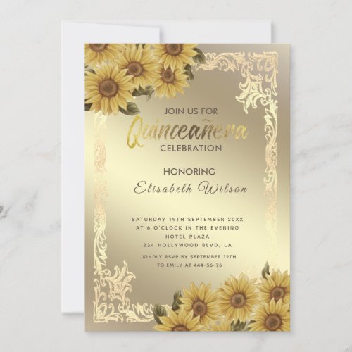 Vintage gold frame sunflower Quinceaera  Invitati Invitation