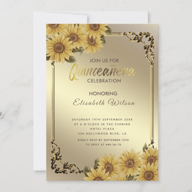 Vintage gold frame sunflower Quinceañera Invitation (Front)