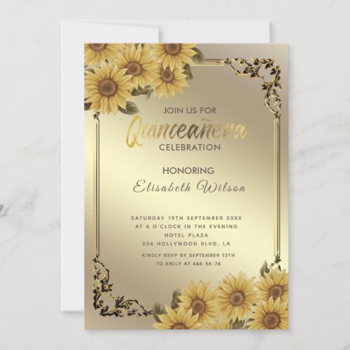 Vintage gold frame sunflower Quinceaera Invitation