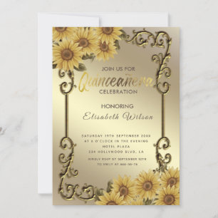 Vintage gold frame sunflower Quinceañera  Invitation