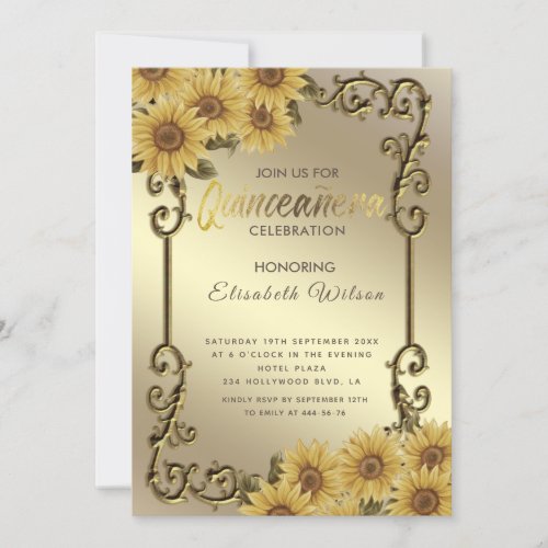 Vintage gold frame sunflower Quinceaera  Invitation