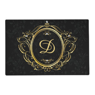 Vintage gold frame with monogram and black back placemat