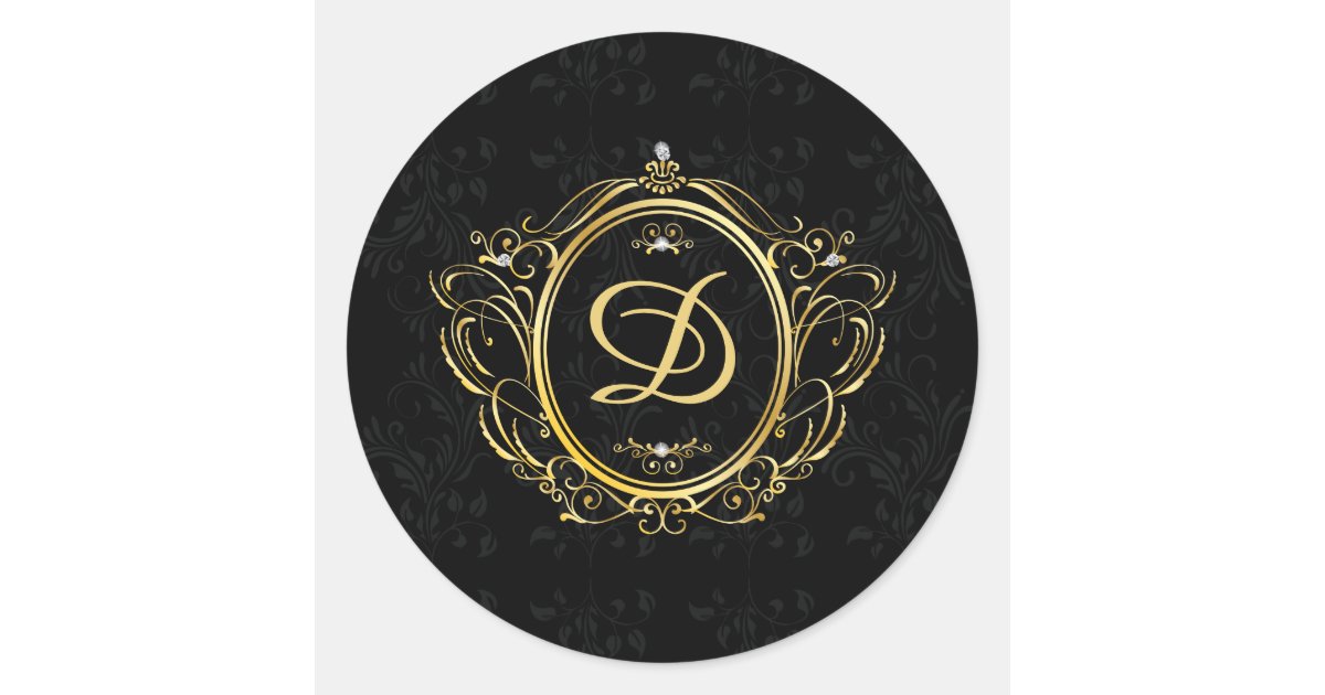 Vintage gold frame with monogram black background classic round sticker ...