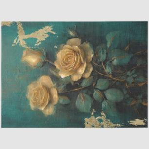 Vintage gold French roses Victorian emerald green Tissue Paper