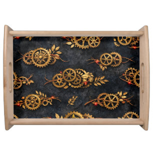 Vintage Gold Gears & Red Neon Mythic Cyberpunk Serving Tray