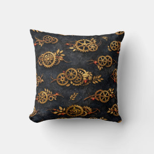 Vintage Gold Gears & Red Neon Mythic Cyberpunk  Throw Pillow