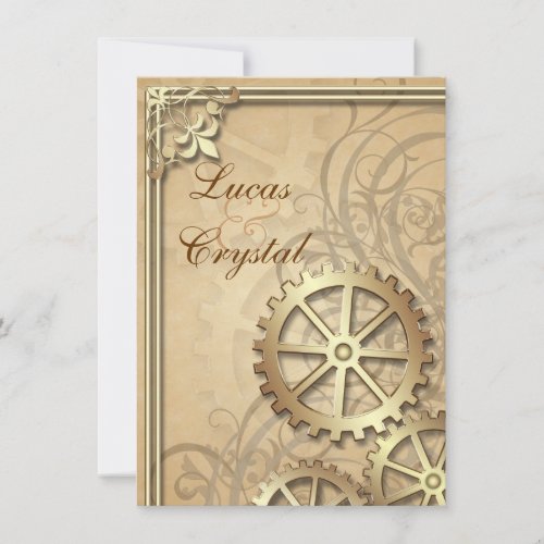Vintage Gold Gears Steampunk Wedding Invitation