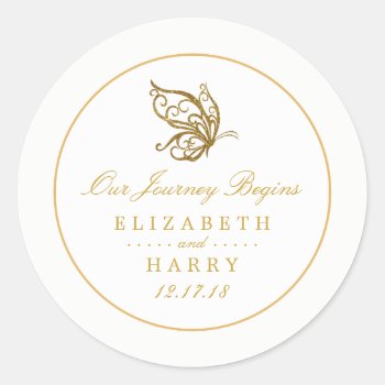 Vintage Gold Glitter Butterfly Wedding Classic Round Sticker by StampedyStamp at Zazzle