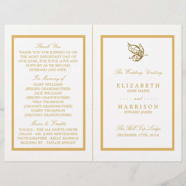 Vintage Gold Glitter Butterfly Wedding Program (Front)