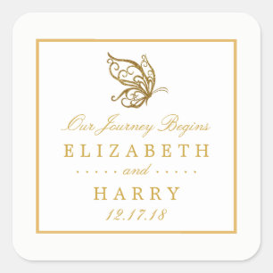 Vintage Gold Glitter Butterfly Wedding Square Sticker