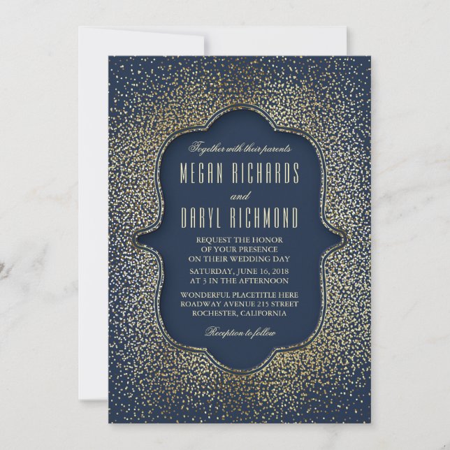 Vintage Gold Glitter Confetti Navy Wedding Invitation (Front)
