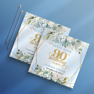 Vintage Gold Glitter Frame Dusty Blue 90 Birthday Guest Book