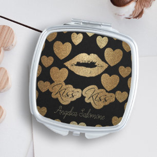 Vintage Gold glitter Kiss Kiss and heart pattern Compact Mirror