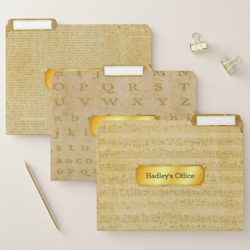 Vintage Gold Glitter Letters Sheet Music Nameplate File Folder