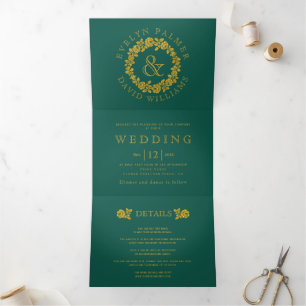 Vintage gold glitter rose wreath evergreen wedding Tri-Fold invitation
