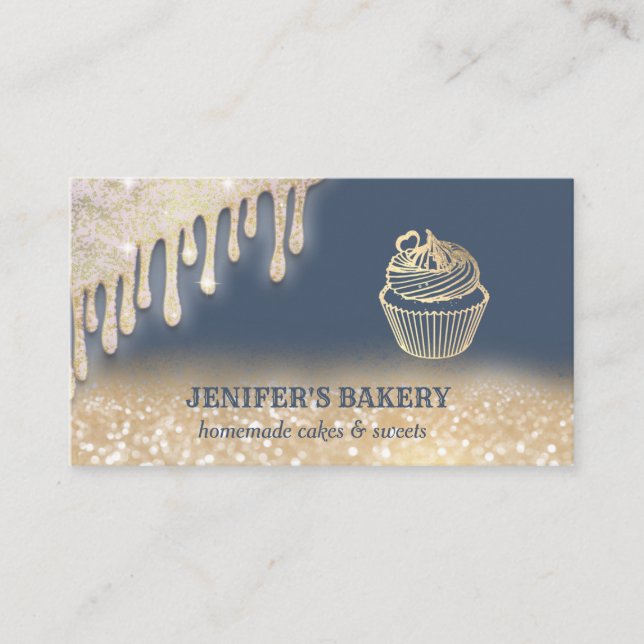 Vintage gold glittery cute cupcake bakery business card (Front)