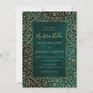 Vintage Gold & Green Velvet Nuestra Boda Wedding Invitation