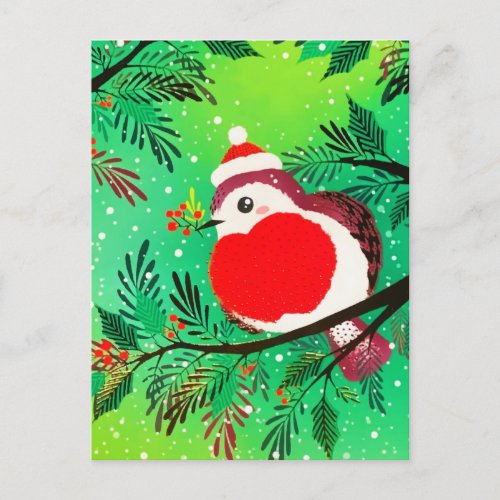 Vintage Gold Greenery Winter Bird  Holiday Postcard