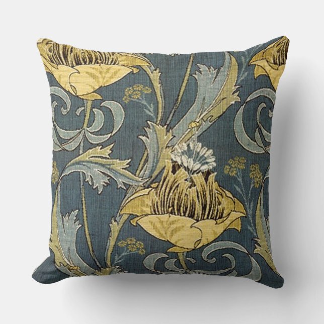 Vintage Gold & Grey Floral Throw Pillow (Front)