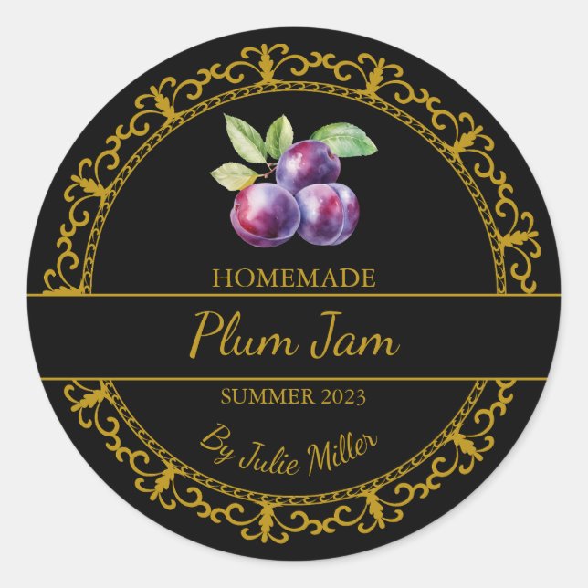 Vintage Gold Homemade Plum Jam Label | Black (Front)