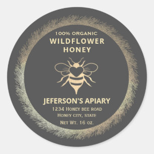 Vintage gold honey bee logo honey jar classic round sticker