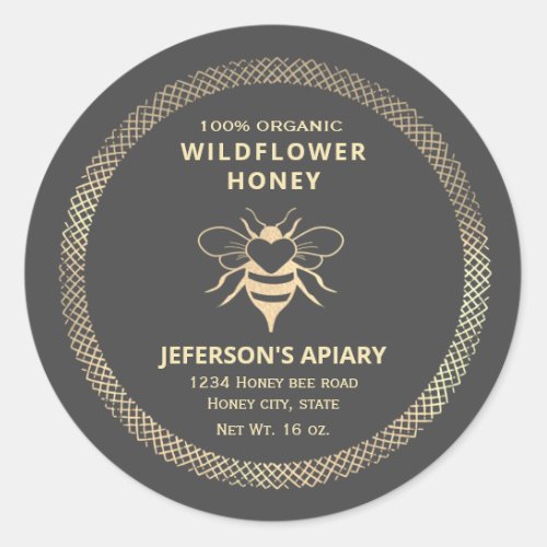 Vintage gold honey bee logo honey jar classic round sticker