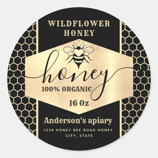 Vintage  gold honeybee  script honey jar label (Front)