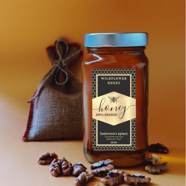 Vintage  gold honeybee  script honey jar label (Creator Uploaded)