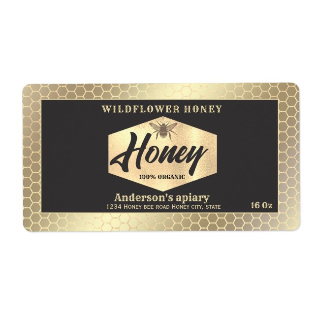 Vintage  gold honeybee  script honey jar label (Front)